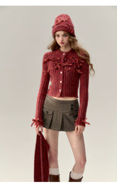 Red & Black Bow Decorated Knit Cardigan - CHINASQUAD