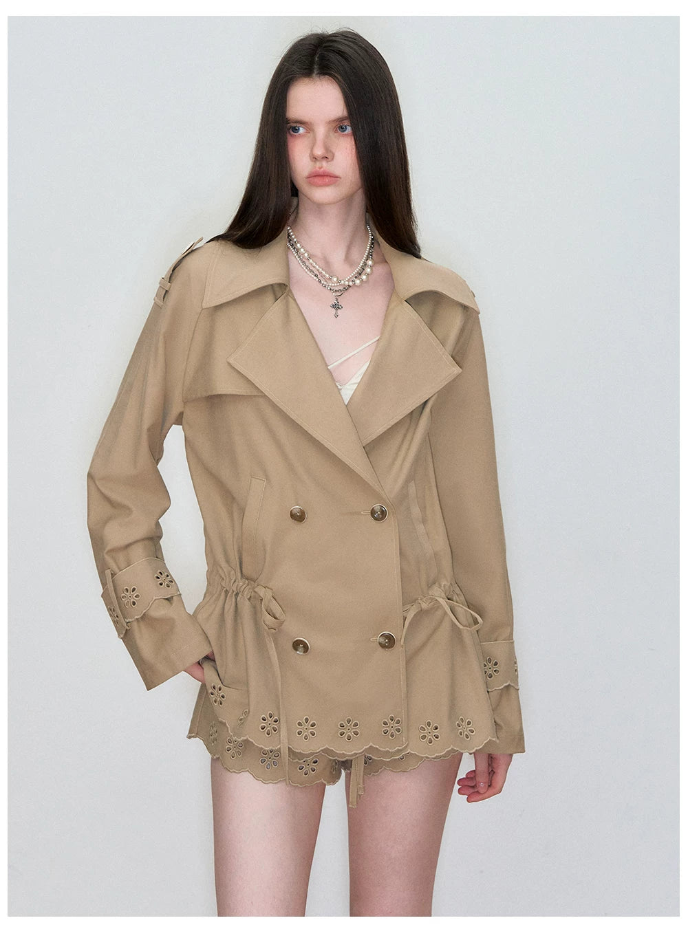 Double-Waistband Embroidered Straight Shorts