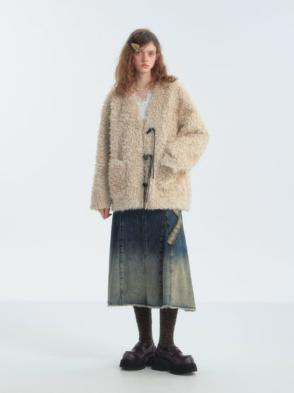 Toggle Button Fur-Trim Long Coat