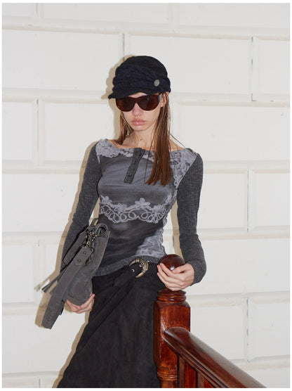 Reversible Face Print Henley Studded Sleeve Base Top