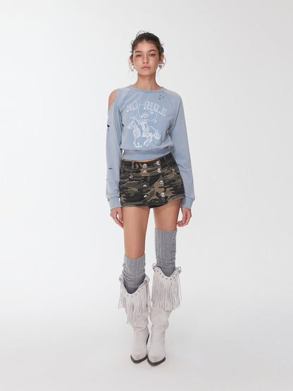 Knight Cat Print Distressed Washed Sweatshirt