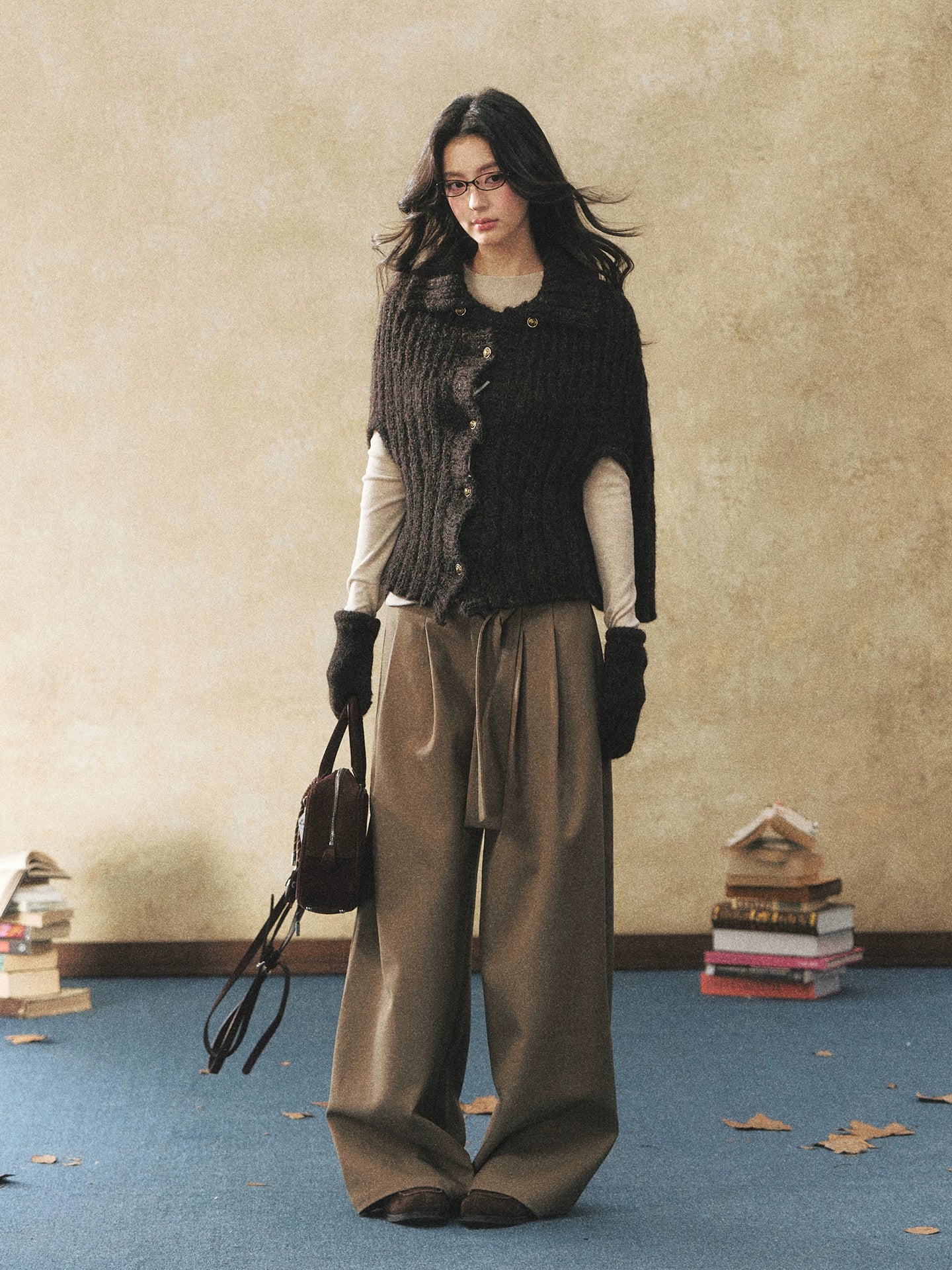 Khaki Fluid Wide-Leg Pleated Trousers