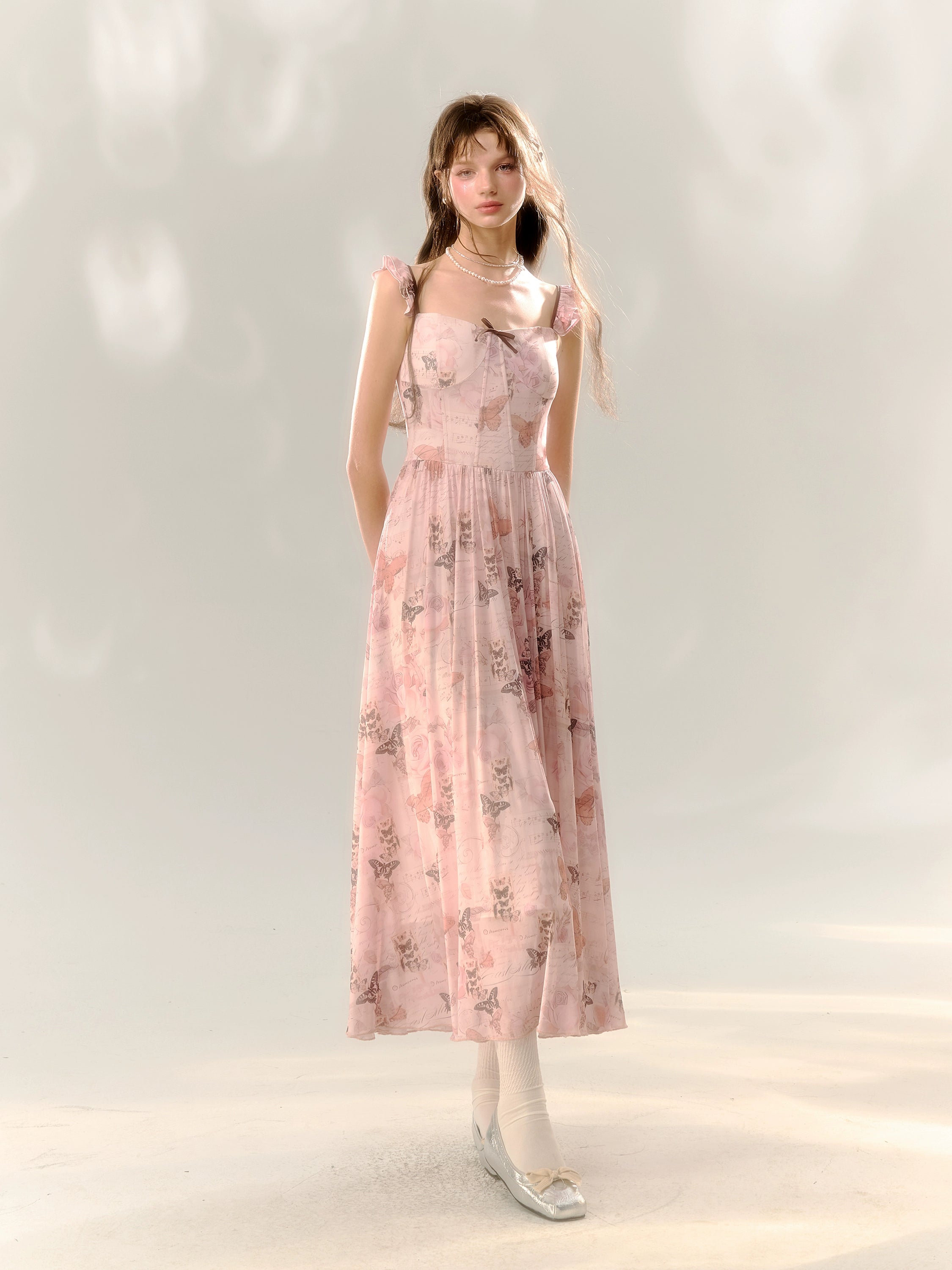 Pink Butterfly Print Square Neckline Dress