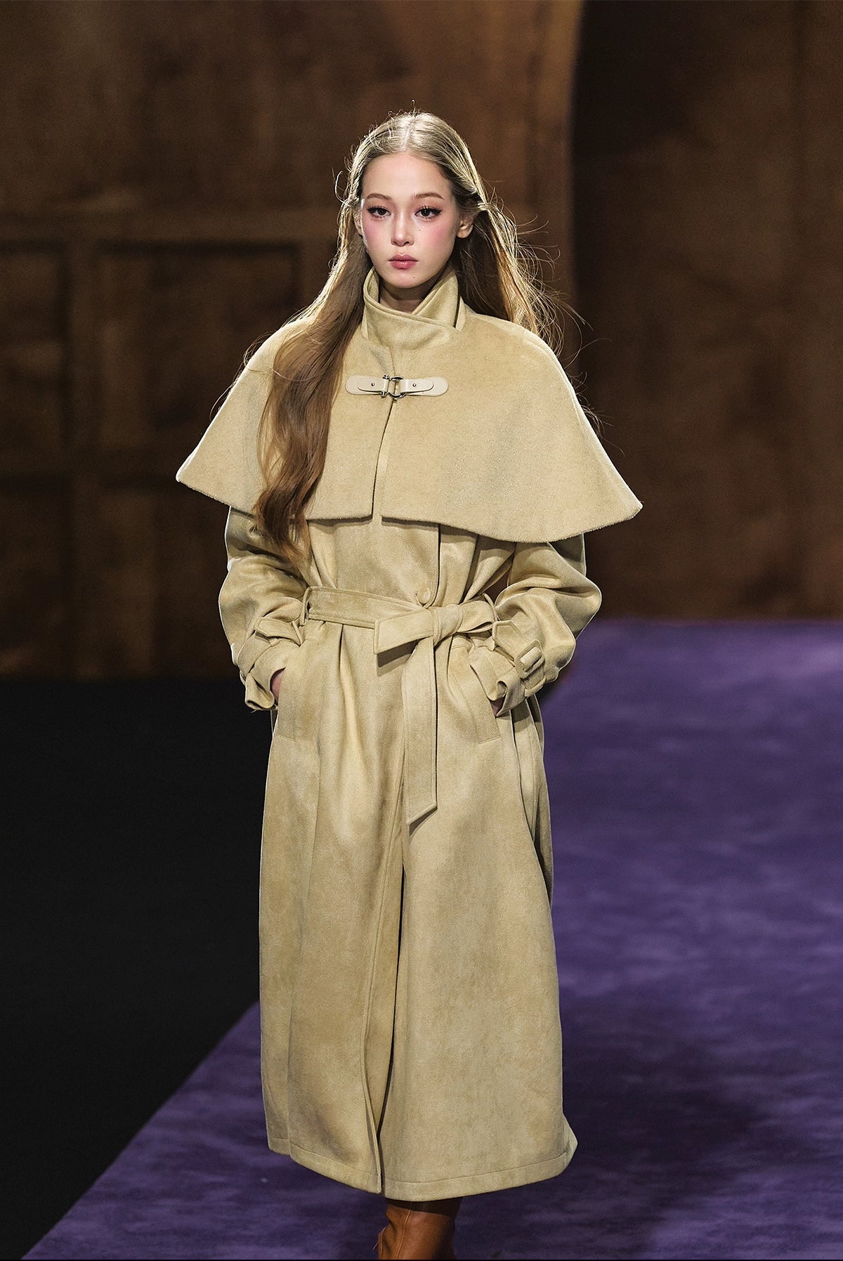 Shimmer Wool Cape Overlay &amp; Suede Long Detachable Belt Coat