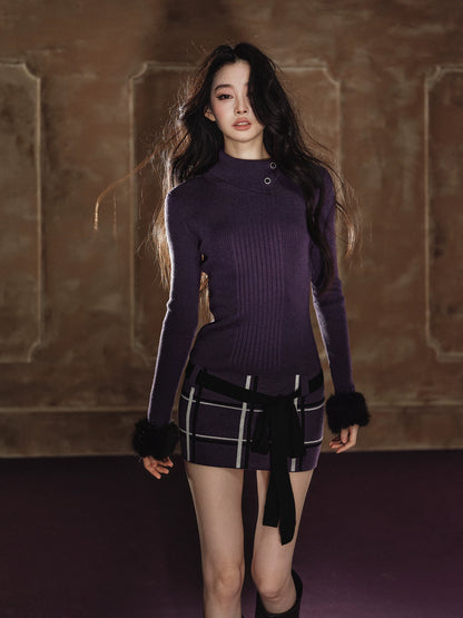 Faux-Fur Turtleneck Belted Slim-Fit Dress