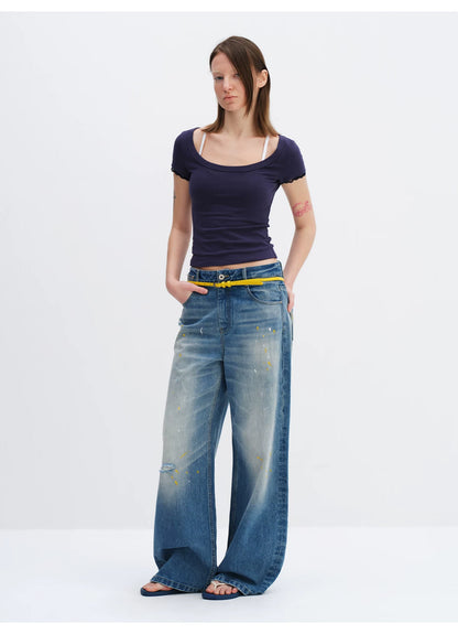 Lace Trim Scoop Neck Fitted Cotton T-Shirt