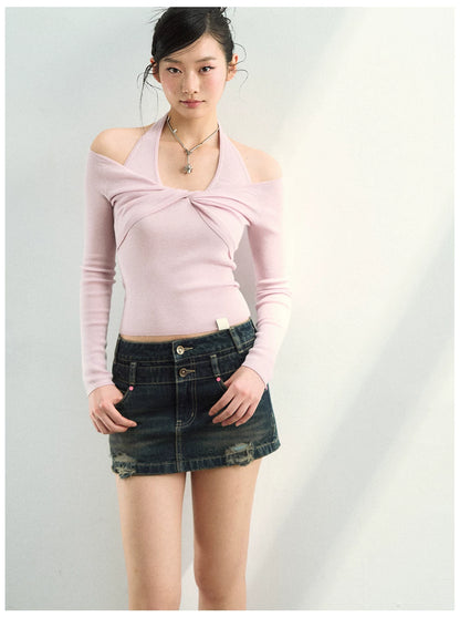 Studded Washed Denim Mini Skirt