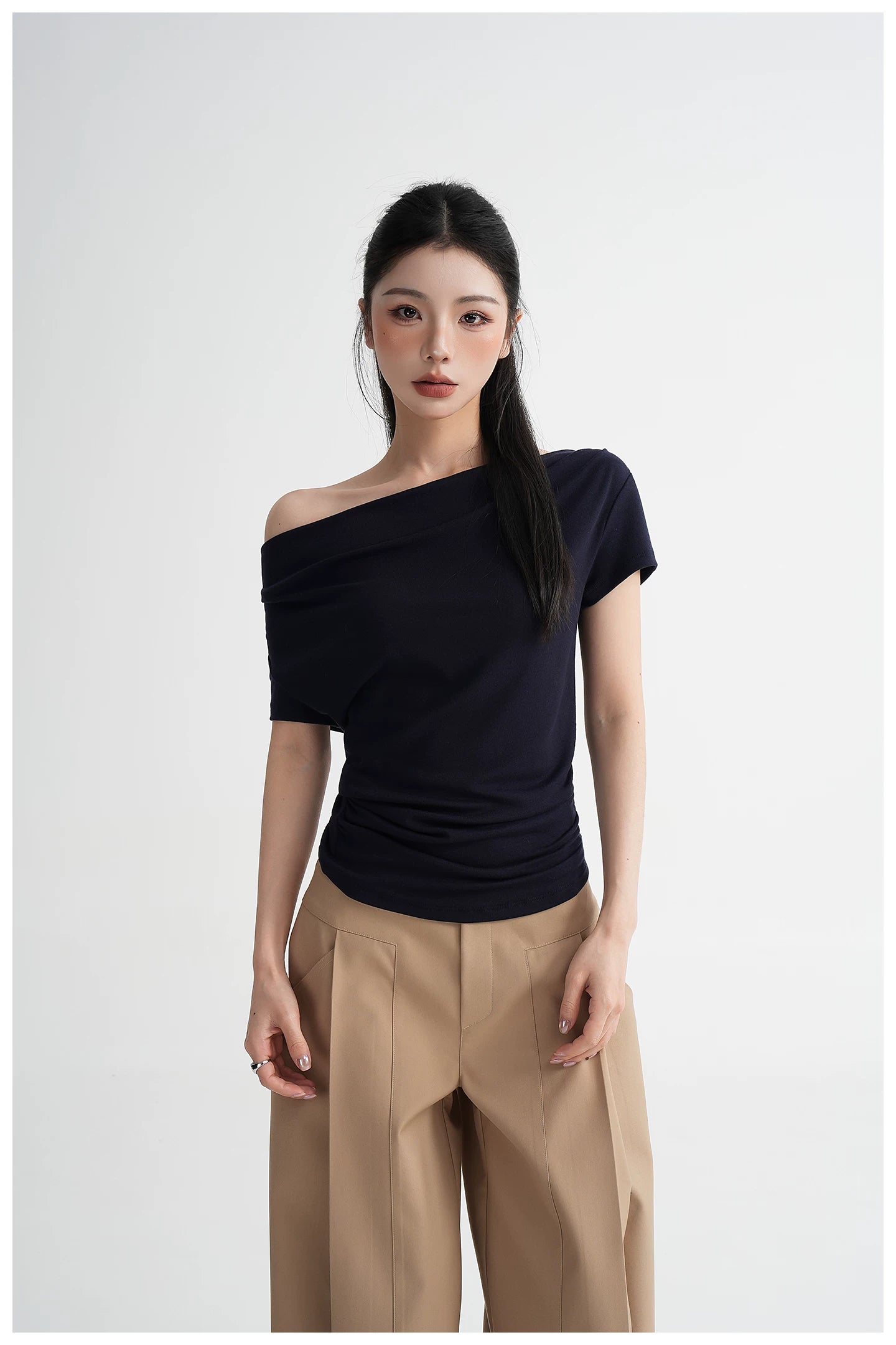 Draped Off-Shoulder Fitted Short Sleeve T-Shirt
