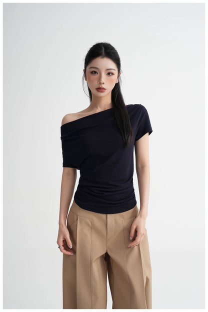 Draped Off-Shoulder Fitted Short Sleeve T-Shirt