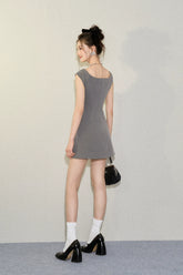 Grey Bow Tie U-neck Cinched Waist Dress - CHINASQUAD