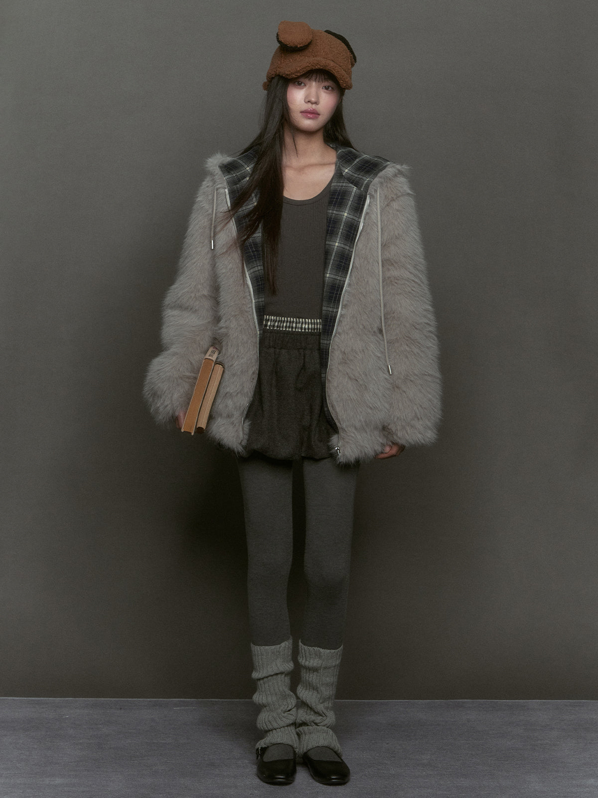 Plaid Spliced Eco-friendly Faux Fur Coat