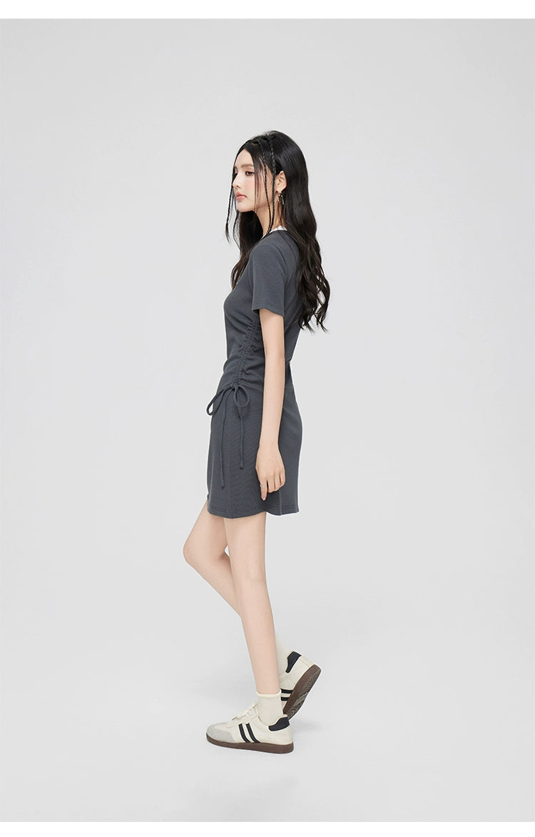 Black &amp; Gray Fake Two-piece Drawstring Dress - CHINASQUAD