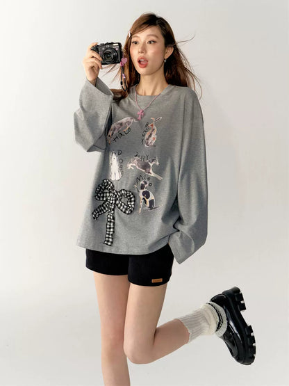 Cartoon Print 3D Bow Crew Neck Long Sleeve