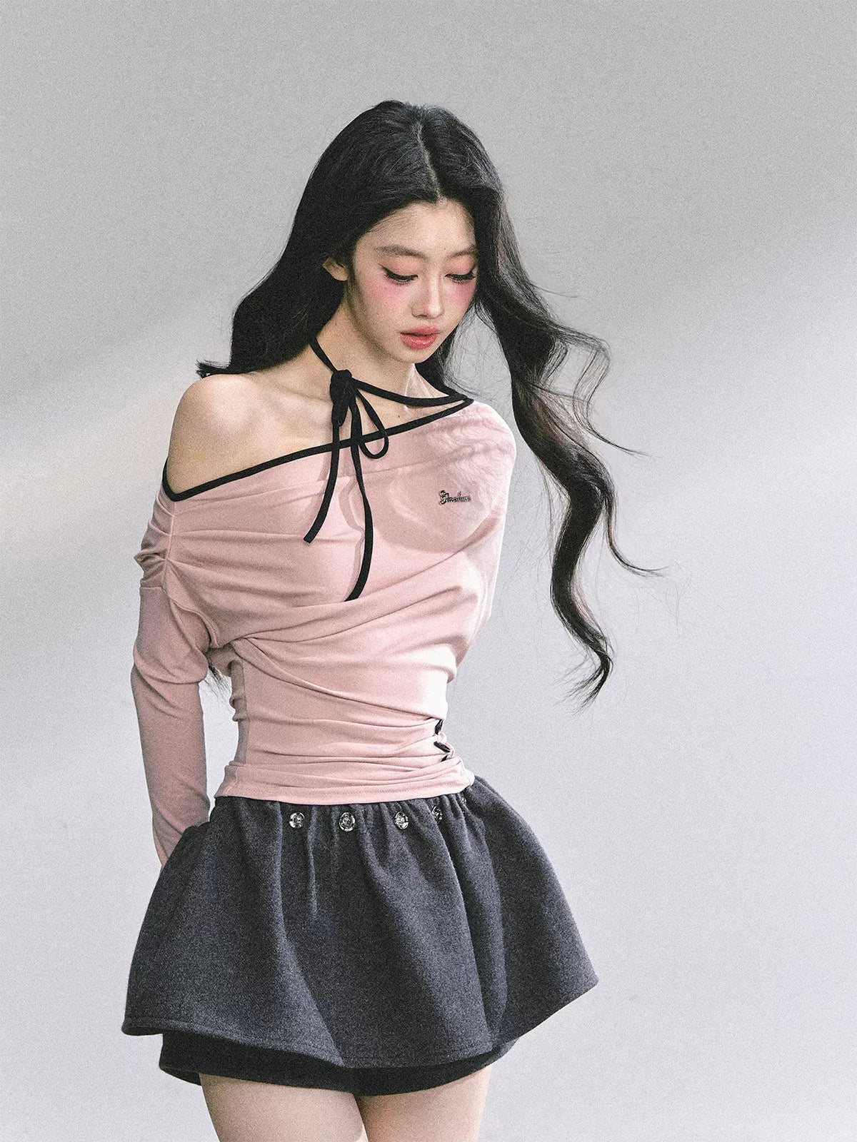 Off-Shoulder Halter Long-Sleeve T-Shirt