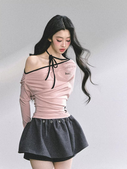 Off-Shoulder Halter Long-Sleeve T-Shirt