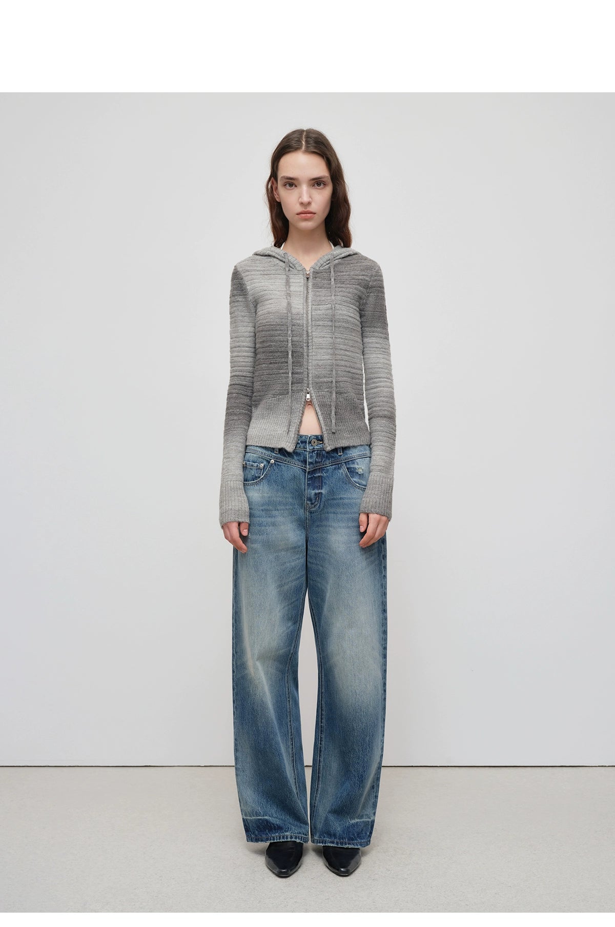 Ombre Wool Blend Double-Zip Hooded Cardigan
