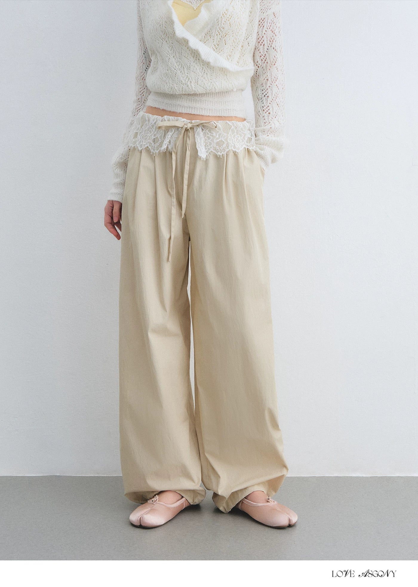 Lace Panel Drawstring Waist Wide-Leg Casual Pants