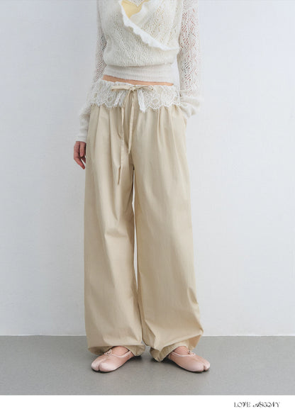 Lace Panel Drawstring Waist Wide-Leg Casual Pants