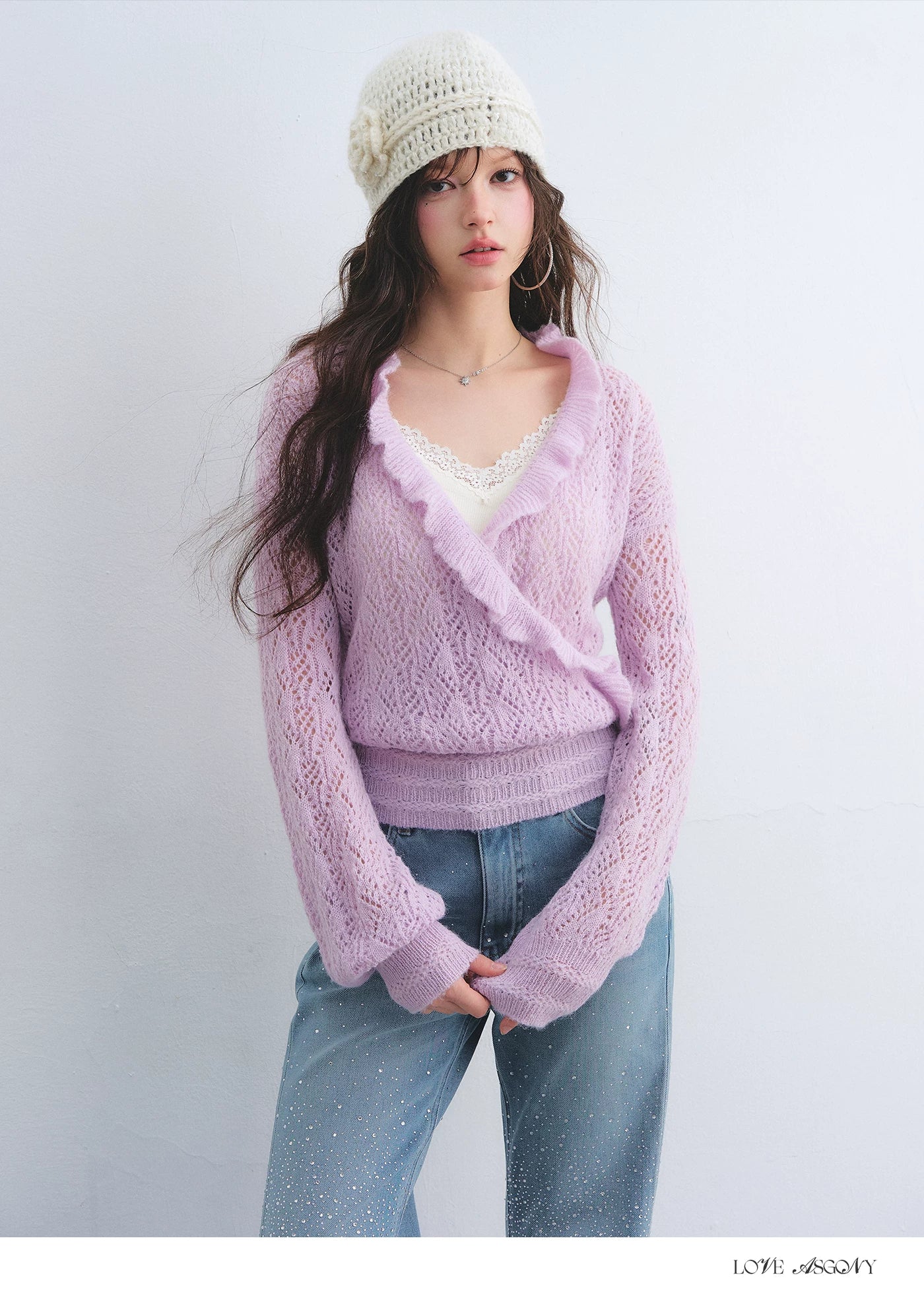 Ruffled Wool-Blend Mohair Openwork Knit Cardigan