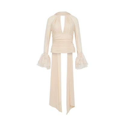 Nina Halter V-Neck Slim Tie Detail Crop Blouse