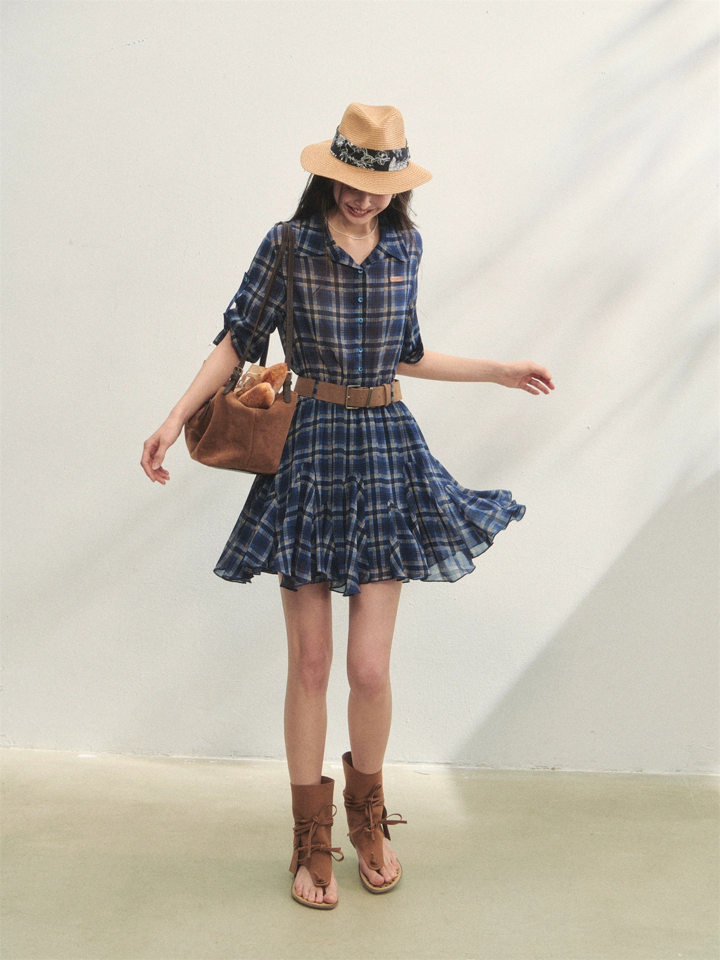 Collared Checked Waist-fitted Long-sleeve Shirt Dress - CHINASQUAD