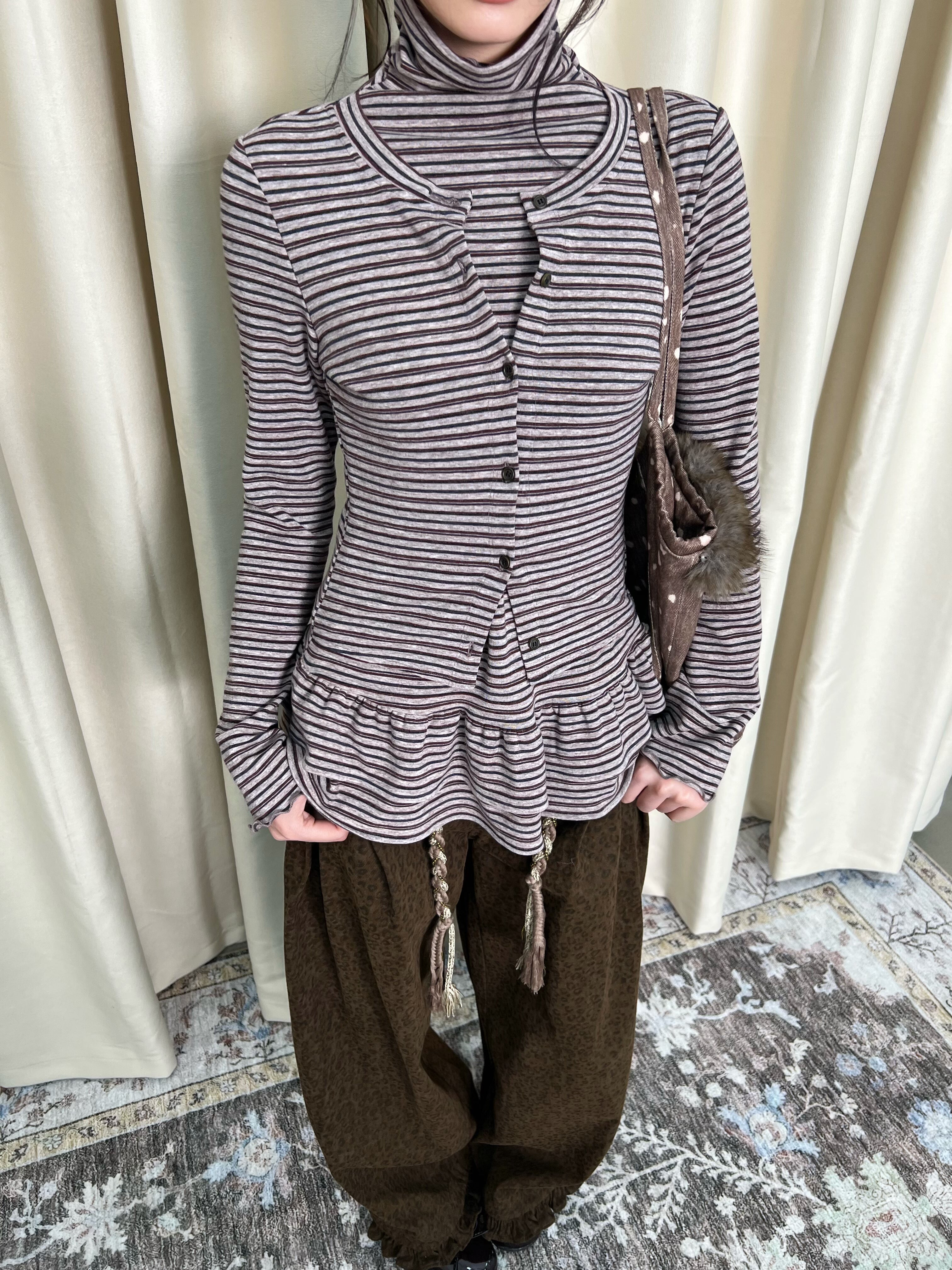 Faux Layered Ruffle-Trim Base Turtleneck