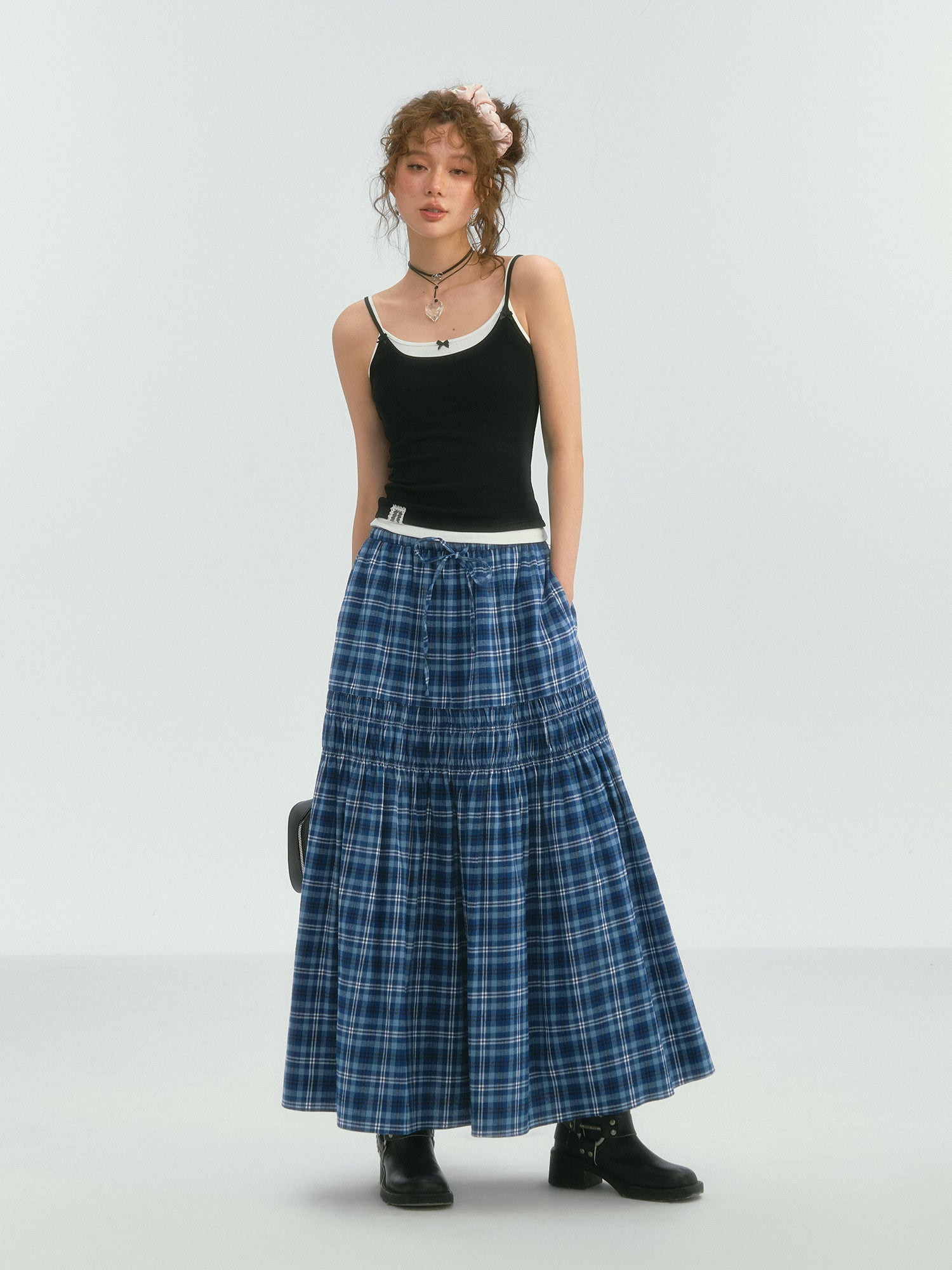 Lace Trim Drawstring Plaid Skirt