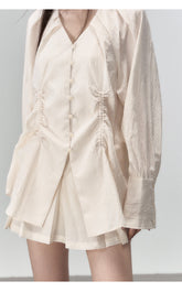 (Final Sale) Beige New Chinese-style Long-sleeved Shirt & Skirt Set - CHINASQUAD