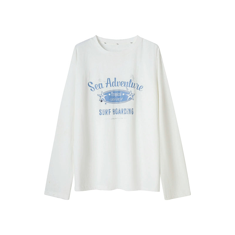 White Letter Print Round Neck Long Sleeve T-shirt