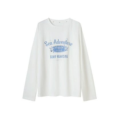 White Letter Print Round Neck Long Sleeve T-shirt