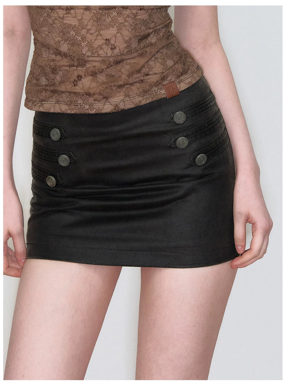 Double-Breasted Slim Straight PU Mini Skirt