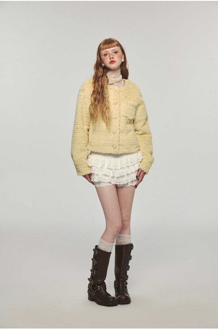 Yellow Faux Fur Casual Crop Coat - CHINASQUAD