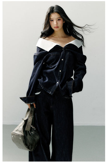 Off-Shoulder Denim Long Sleeve Shirt