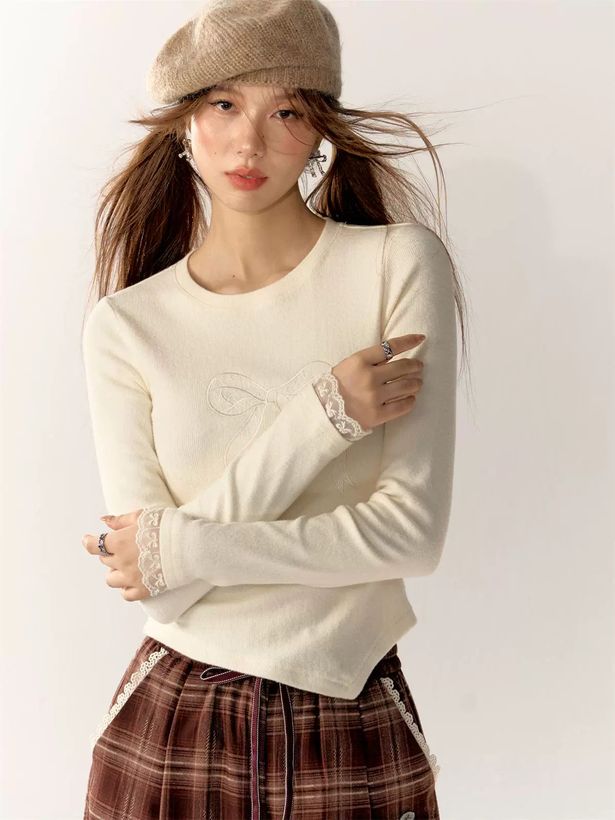 Bow Lace Trim Crew Neck Long Sleeve