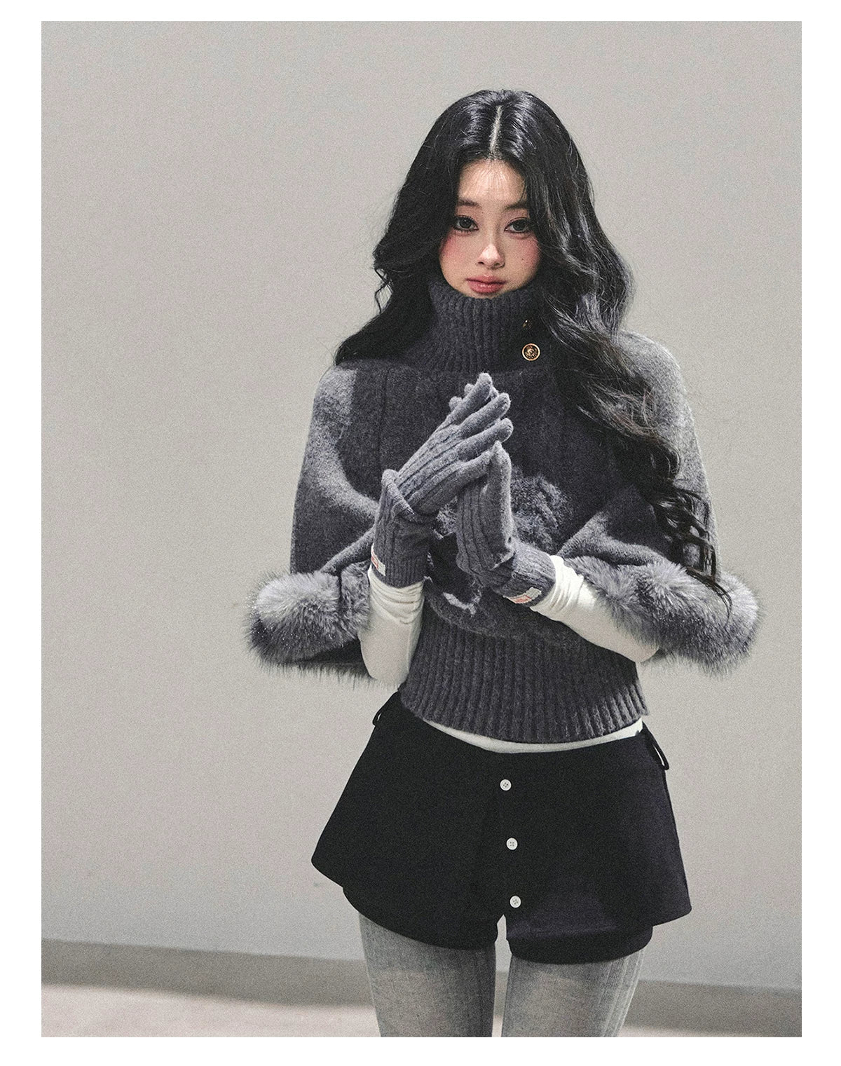 High-Neck Cable Knit Sweater