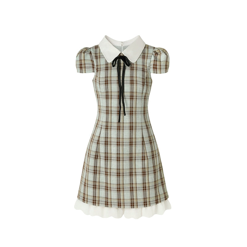 Brown Plaid  2-in-1 Doll Collar Mini Dress