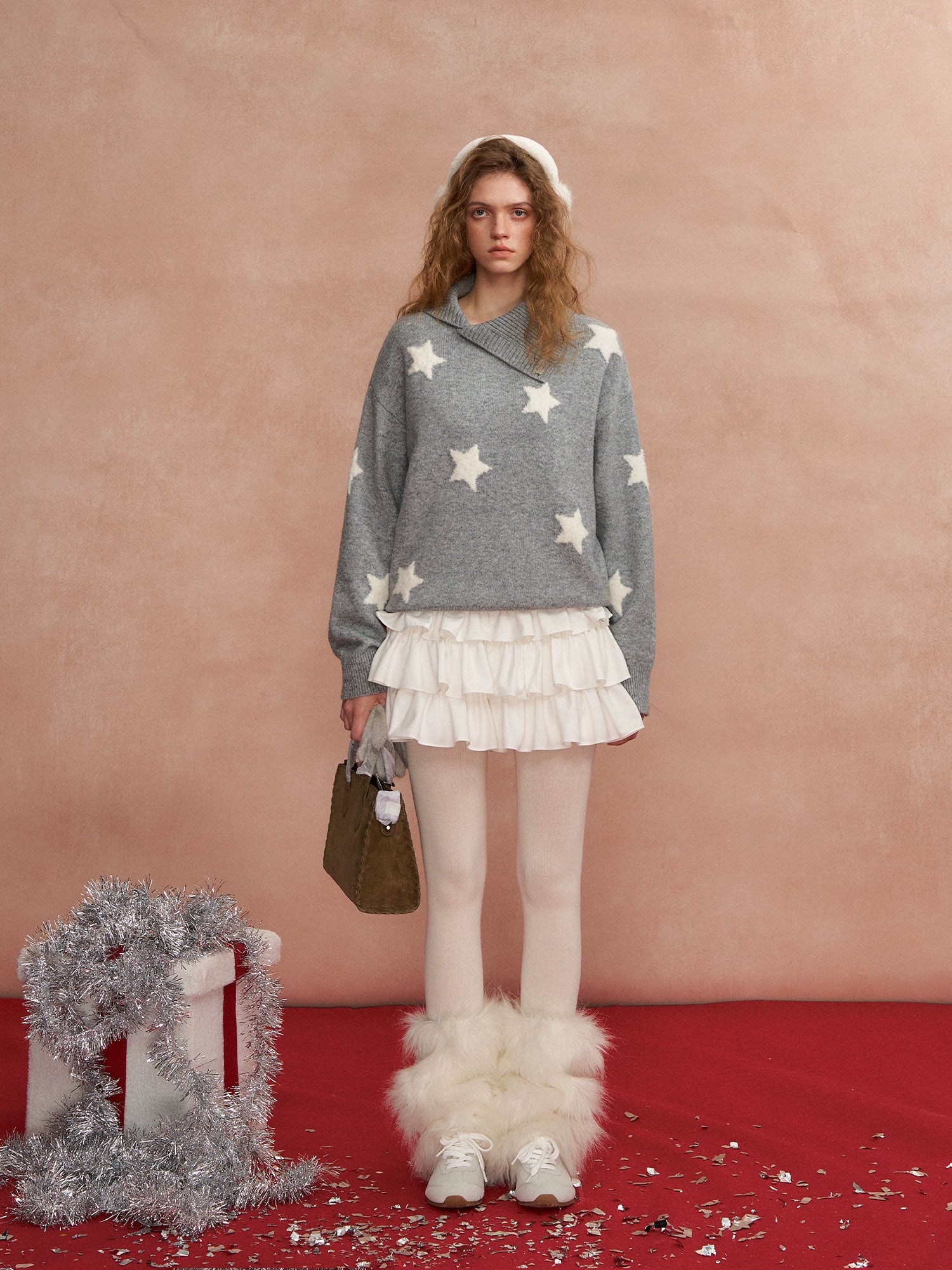 Asymmetric Star-Pattern Knit Sweater