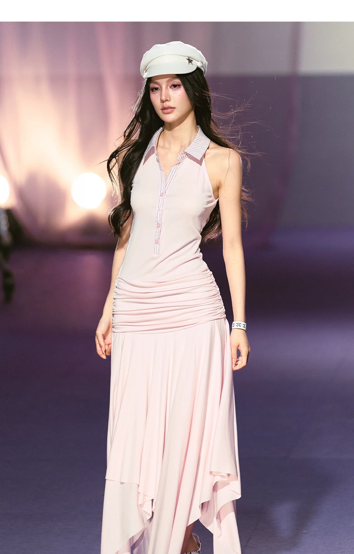 Vintage-Inspired Irregular Hem Shirt-Collar Sleeveless Maxi Dress
