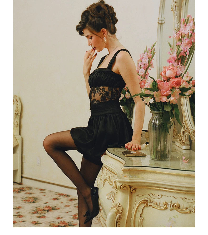 Lace-Trim Satin Sheer-Waist Mini Dress
