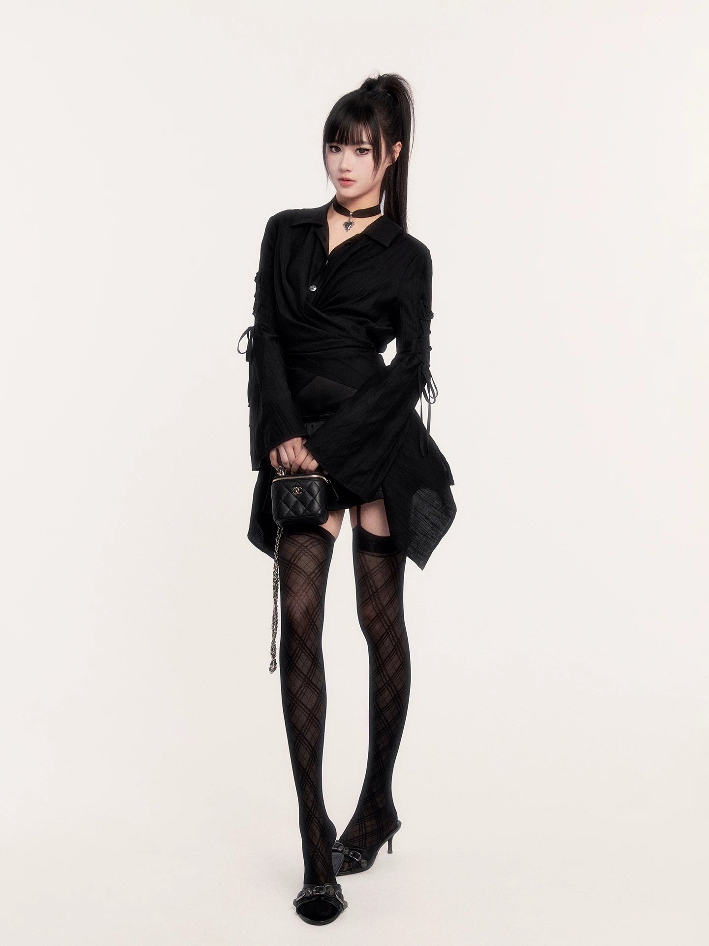 Lace-Up Flared Sleeve Slim-Fit Shirt