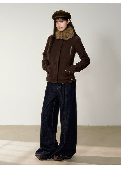 Brown Faux Fur Collar Slim Wool Jacket
