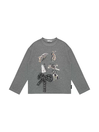 Cartoon Print 3D Bow Crew Neck Long Sleeve