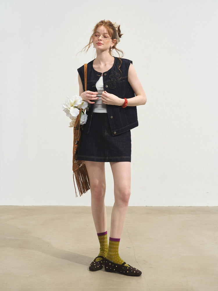 Layered Relaxed Denim Vest &amp; Skirt Set