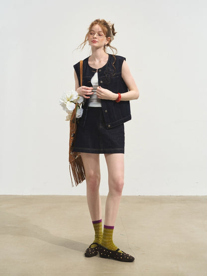 Layered Relaxed Denim Vest &amp; Skirt Set