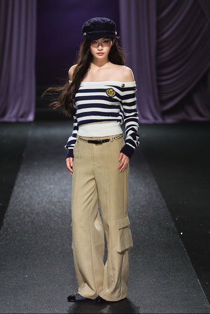 Tweed Braided Belt High-Waist Wide-Leg Pants