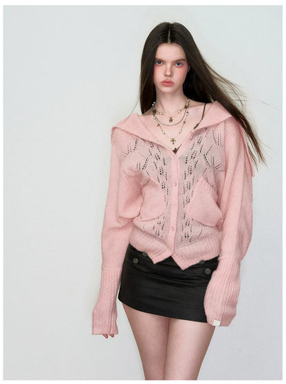 Cut-Out Collared Relaxed Wool Knit Cardigan