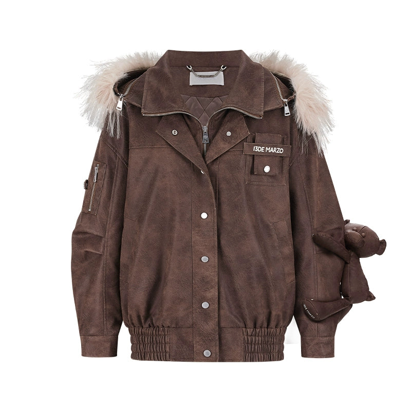 Detachable Fur Collar PU Padded Jacket