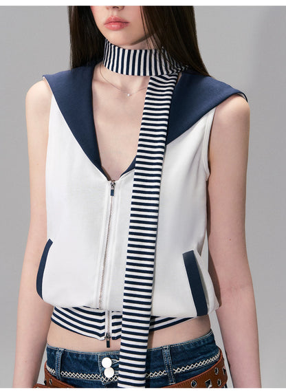 Color-Block Nautical Sailor Collar Sleeveless Top