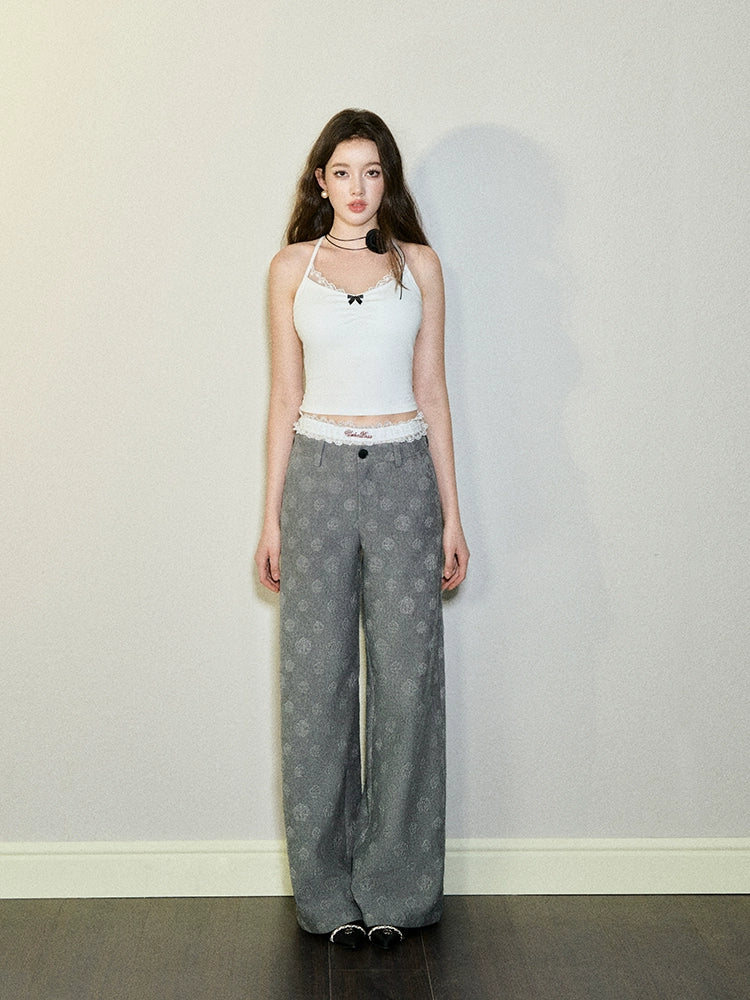 Pink &amp; Gray Camellia Print Wide-leg Pants