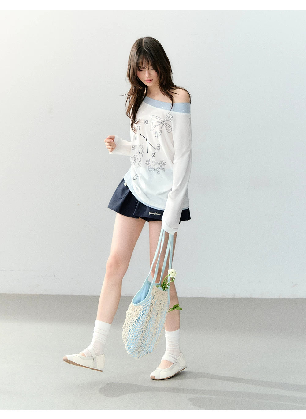 Clock Print Polka Dot Relaxed Long Sleeve blouse
